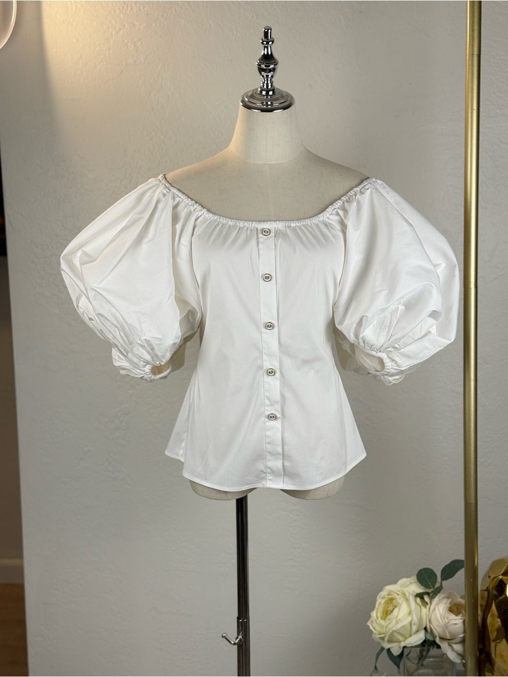 Caroline Constas White‎ Off-the-Shoulder Puff Sleeve Top
